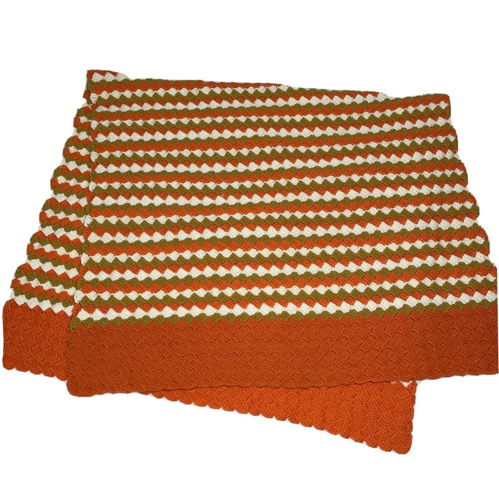 Vintage Retro Orange White Tan Diamond Striped Handmade Afghan Lap Blanket 70 in
